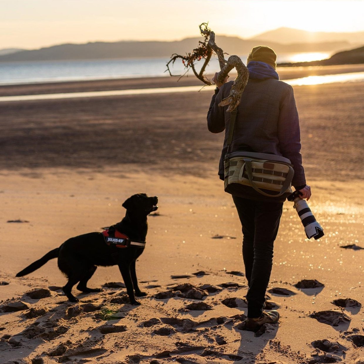 Jack Marris on the beach with his camera and his dog