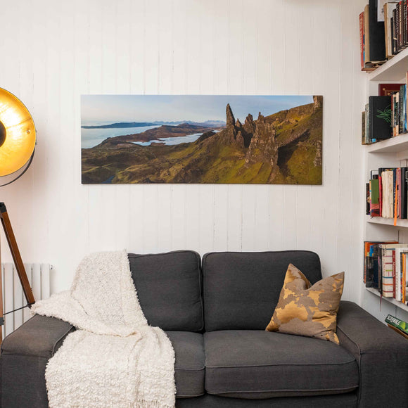 Applecross Photographic Gallery Image Large Canvas 60"x22" The Old Man of Storr and the Cuillin Hills The Old Man of Storr and the Cuillin Hills